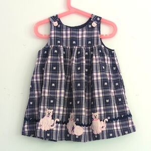 Vintage Pink Navy Plaid Overall Dress with Cat‎ Embroidered And Cat Appliques 3T